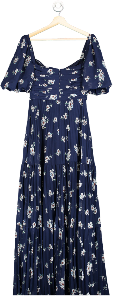 Self-Portrait Blue Pansy Print Pleated Chiffon Maxi Dress UK 8