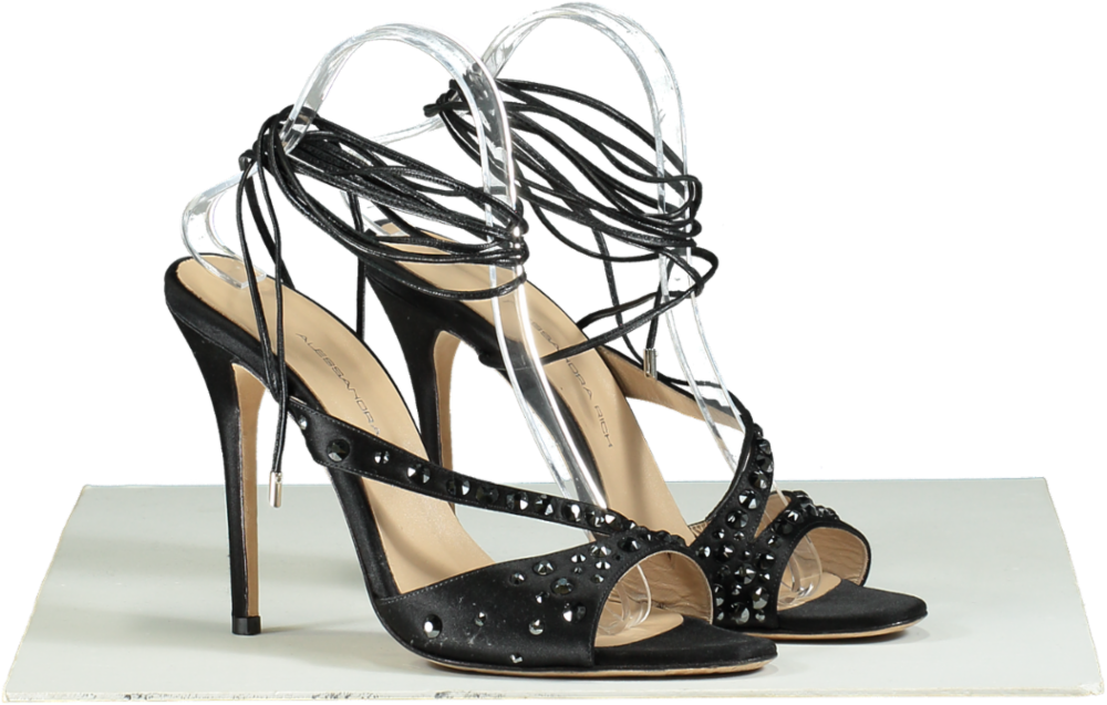 Alessandra Rich Black 100mm Visocse & silk satin Embellished sandals UK 7 EU 40