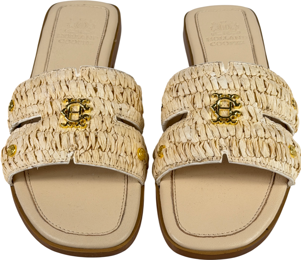 HOLLAND COOPER Beige Heraldic Monogram Logo Straw Slides UK 4 EU 37