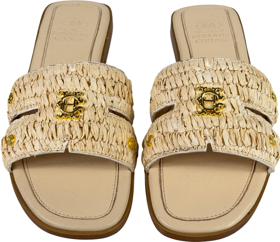 HOLLAND COOPER Beige Heraldic Monogram Logo Straw Slides UK 4 EU 37