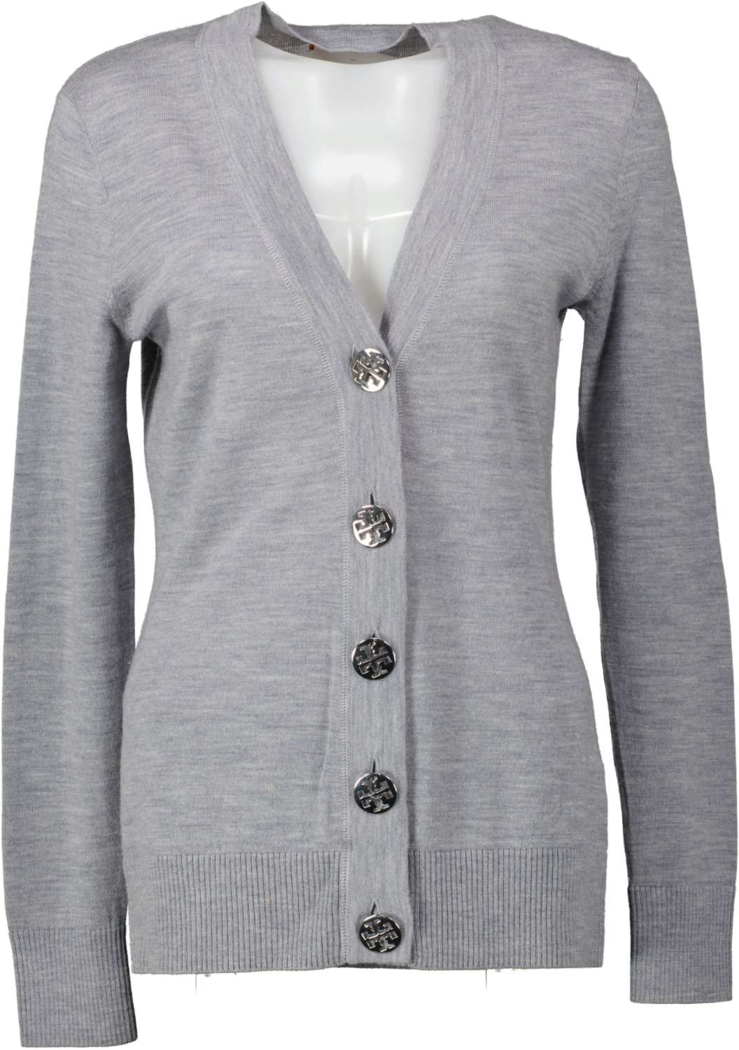 Tory Burch Grey Merino V-neck Cardigan With Silver Logo Buttons UK S