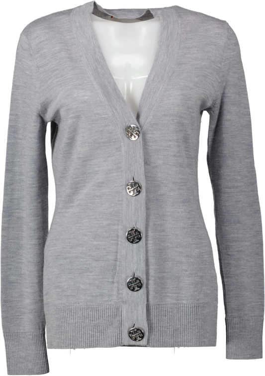 Tory Burch Grey Merino V-neck Cardigan With Silver Logo Buttons UK S