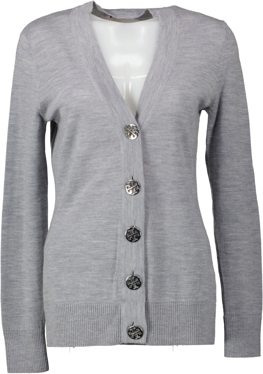 Tory Burch Grey Merino V-neck Cardigan With Silver Logo Buttons UK S