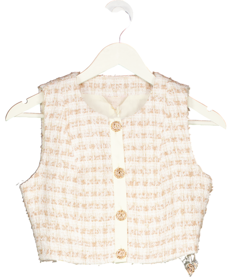 Flossy by Freddy Beige The Coco Top Boucle Check Cropped Waistcoat UK XS