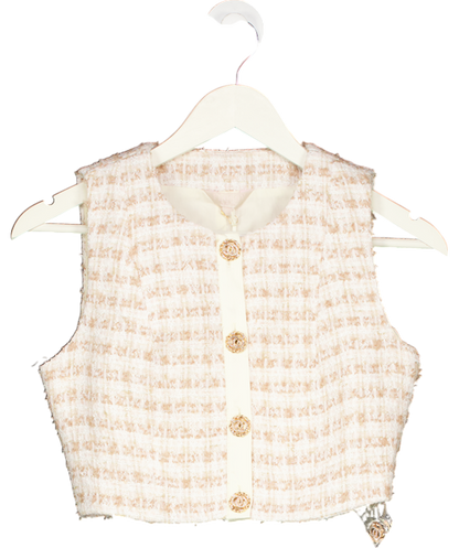 Flossy by Freddy Beige The Coco Top Boucle Check Cropped Waistcoat UK XS