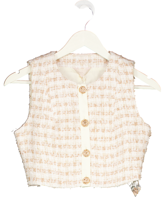 Flossy by Freddy Beige The Coco Top Boucle Check Cropped Waistcoat UK XS