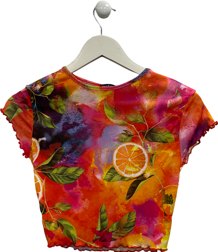 PrettyLittleThing Multicoloured Fruit Print Lettuce Hem Top UK 8