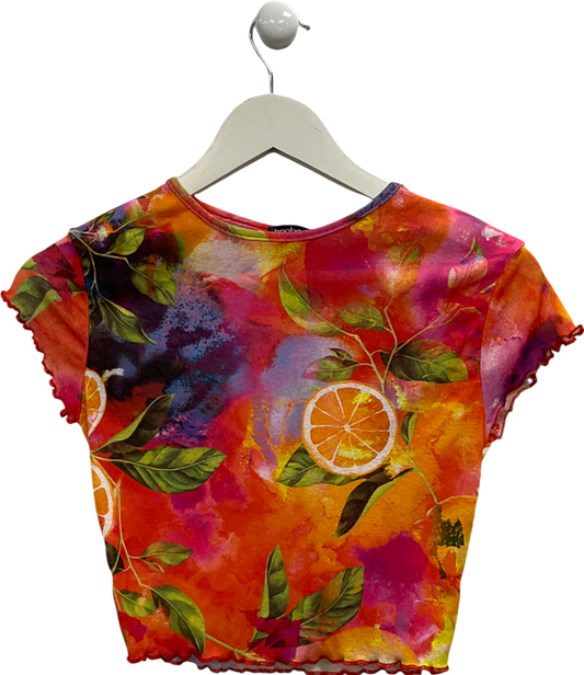 PrettyLittleThing Multicoloured Fruit Print Lettuce Hem Top UK 8