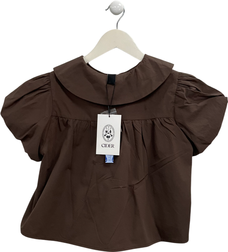 Cider Brown Puff Sleeve Collared Top UK XS