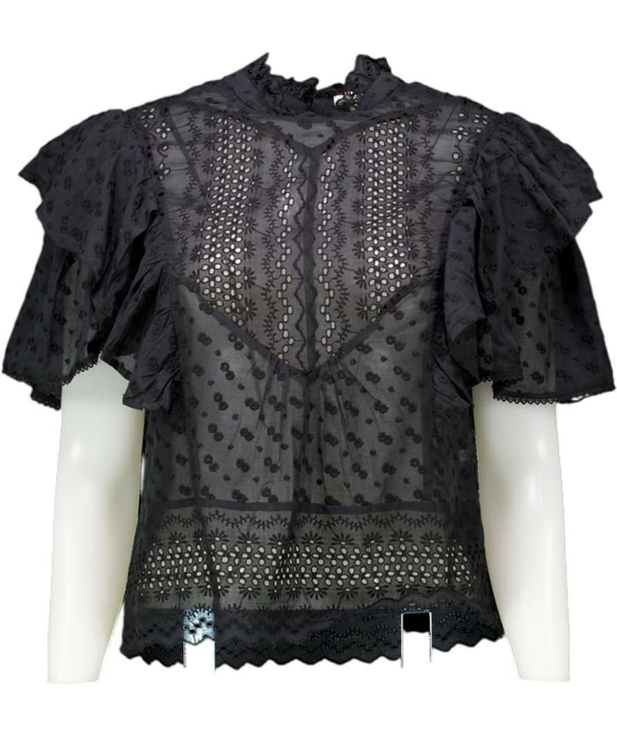 Isabel Marant Etoile Black Ruffled Broderie-anglaise Cotton Blouse Fr36 UK 8