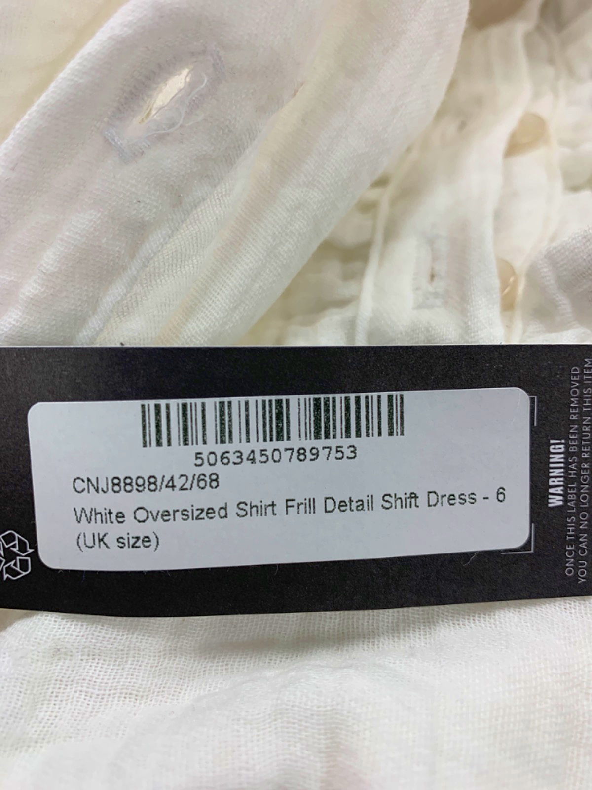 Pretty Little Thing White Oversized Shirt Frill Detail Shift Dress UK 6