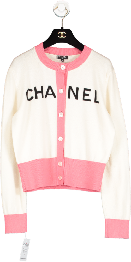 Chanel Cream / Coral 100% Cashmere Logo Cardigan With Logo Buttons FR42 UK 12