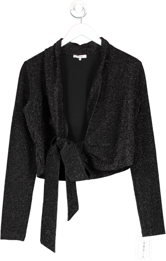 Ganni Black Long Sleeve Wrap Baxter Top UK 10