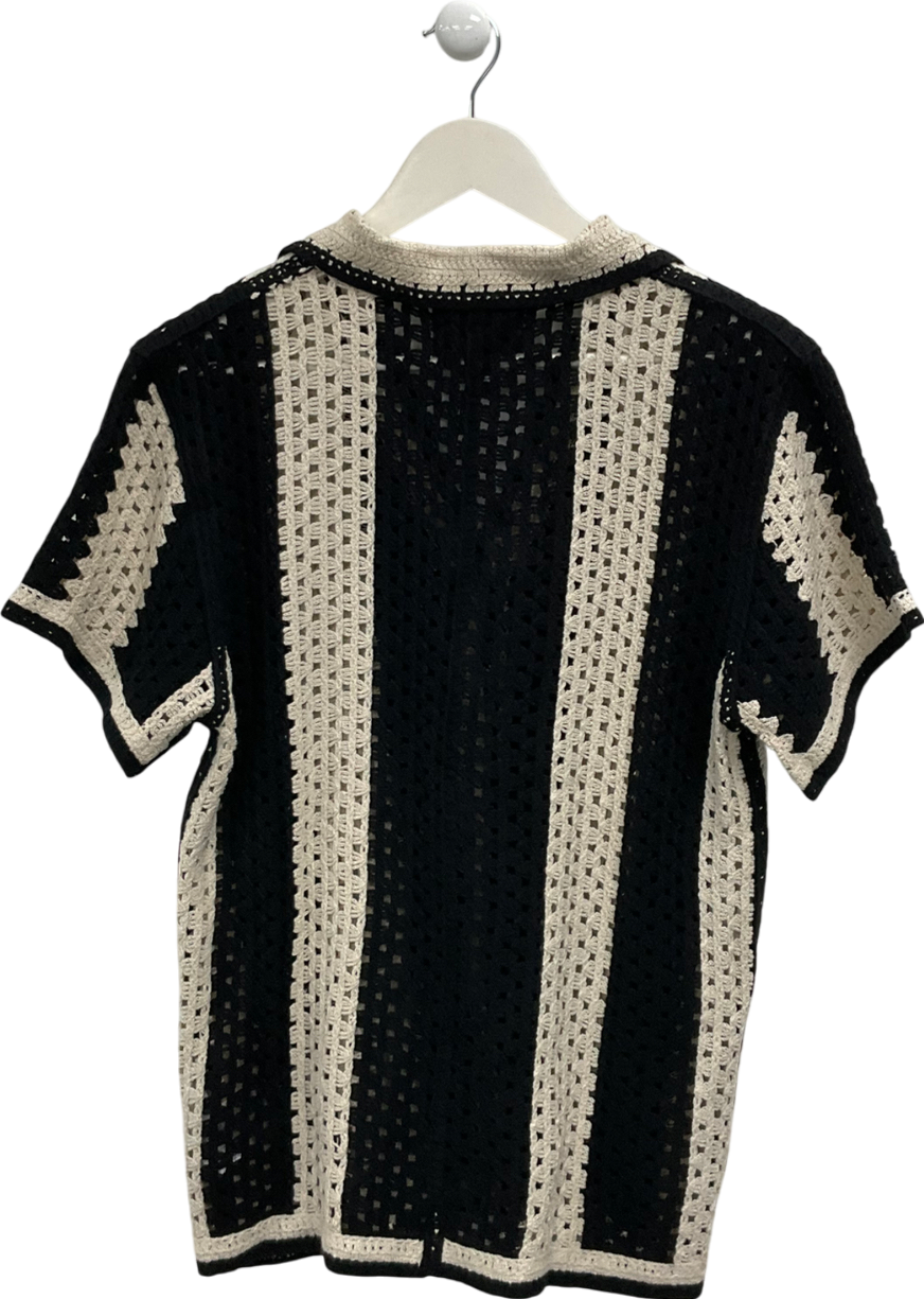 River Island Black Striped Crochet Polo Top UK XS