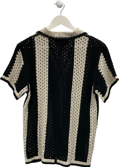 River Island Black Striped Crochet Polo Top UK XS