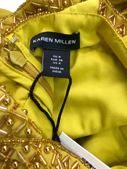 Karen Millen Gold Geo Embellished Ombre Pleated Woven Maxi Dress UK 8