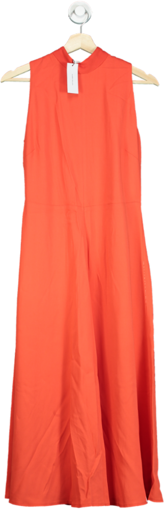 Karen Millen Tomato Red Petite Compact Stretch Viscose Tailored High Neck Tie Detail Midi Dress UK 4