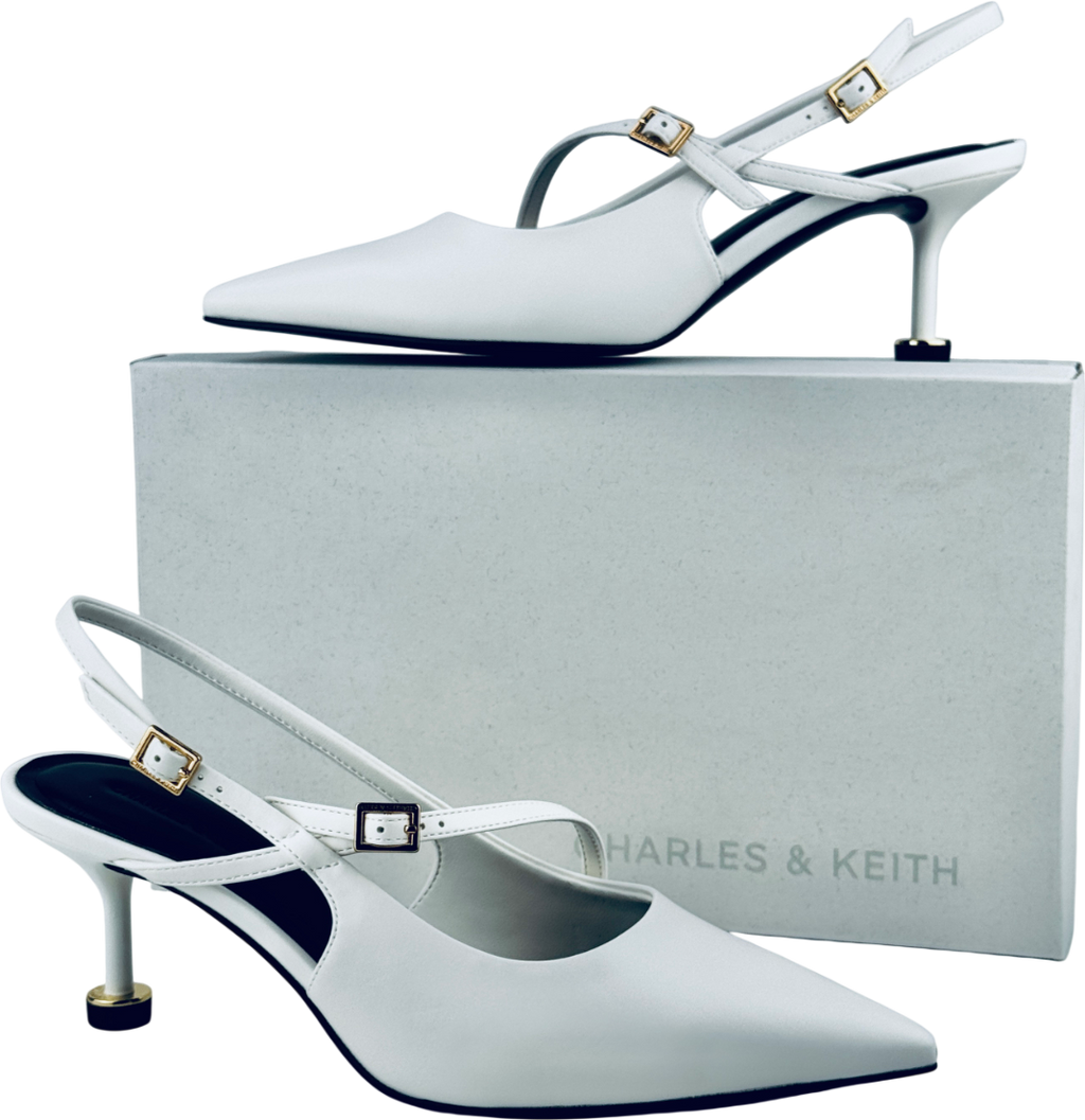 CHARLES & KEITH White Wynn Buckled Sculptural-heel Slingback Pumps UK 5 EU 38 👠