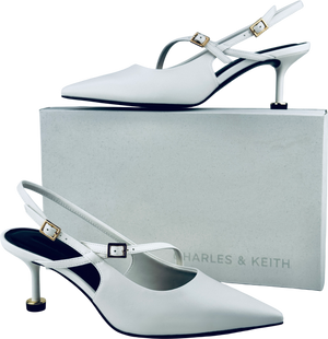 CHARLES & KEITH White Wynn Buckled Sculptural-heel Slingback Pumps UK 5 EU 38