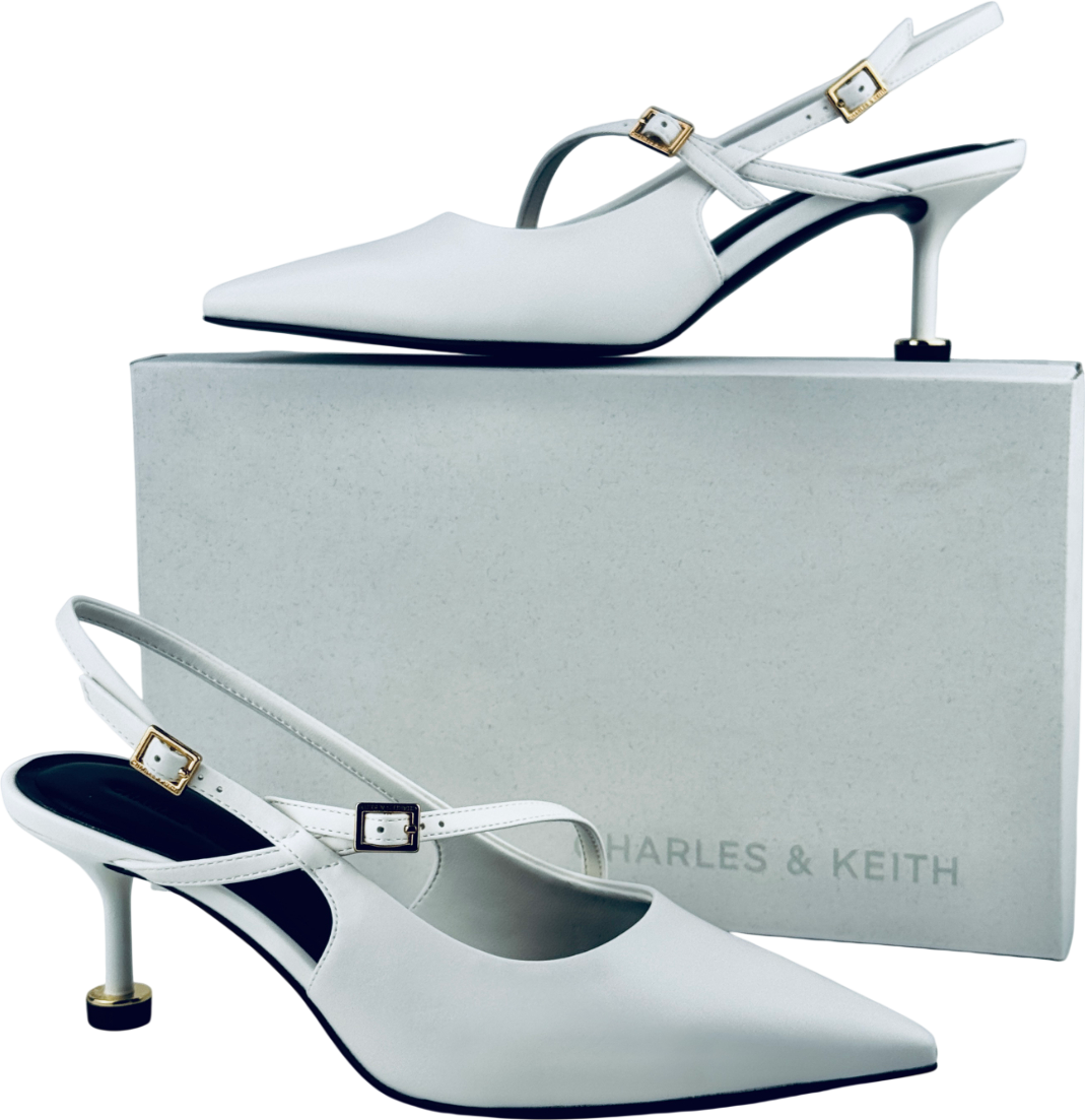 CHARLES & KEITH White Wynn Buckled Sculptural-heel Slingback Pumps UK 5 EU 38 👠