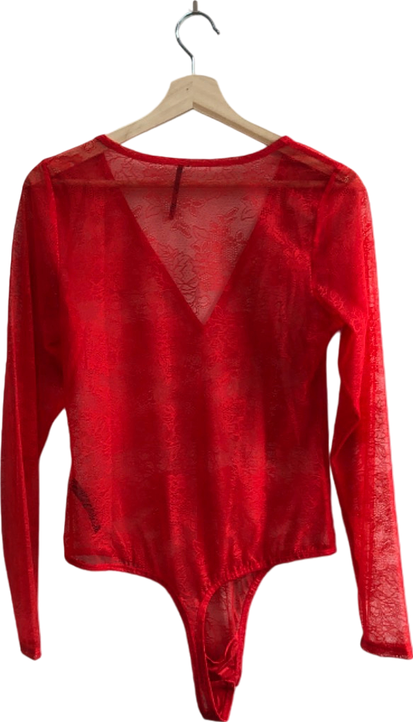 Anthropologie Red Lace Long Sleeve Bodysuit S