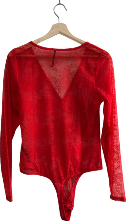 Anthropologie Red Lace Long Sleeve Bodysuit S