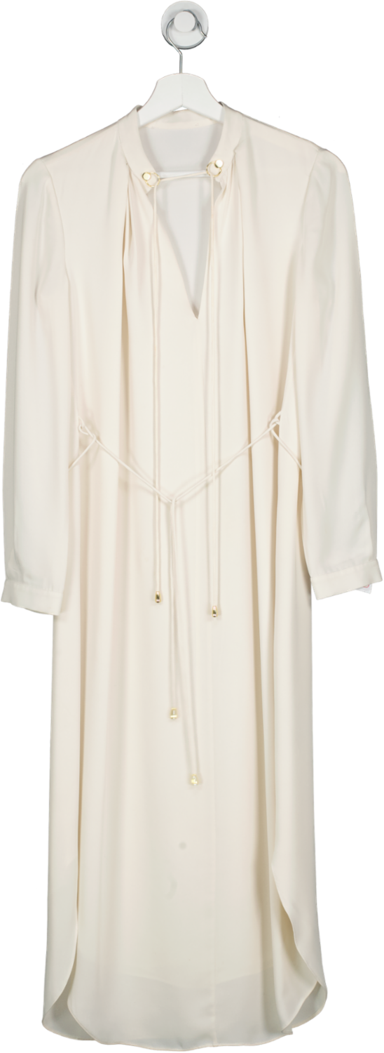 Zimmermann Cream Satin Long Sleeve Betled Midi Dress With Gold Detailing UK XS