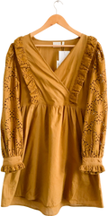 ATELIER REVE Brown 100% Cotton Long Sleeve Broderie Trim Dress Fr36 UK 8