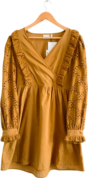 ATELIER REVE Brown 100% Cotton Long Sleeve Broderie Trim Dress Fr36 UK 8