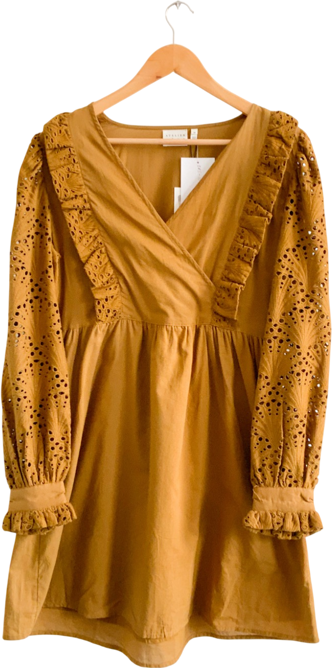 ATELIER REVE Brown 100% Cotton Long Sleeve Broderie Trim Dress Fr36 UK 8