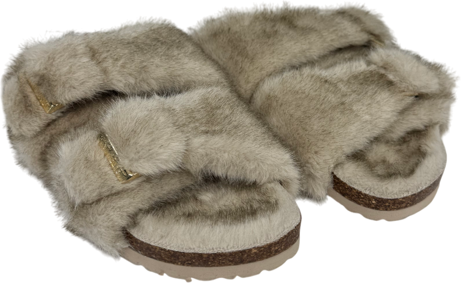 Mint Velvet Nude Two Strap Faux Fur Slippers UK 8 EU 41 👠