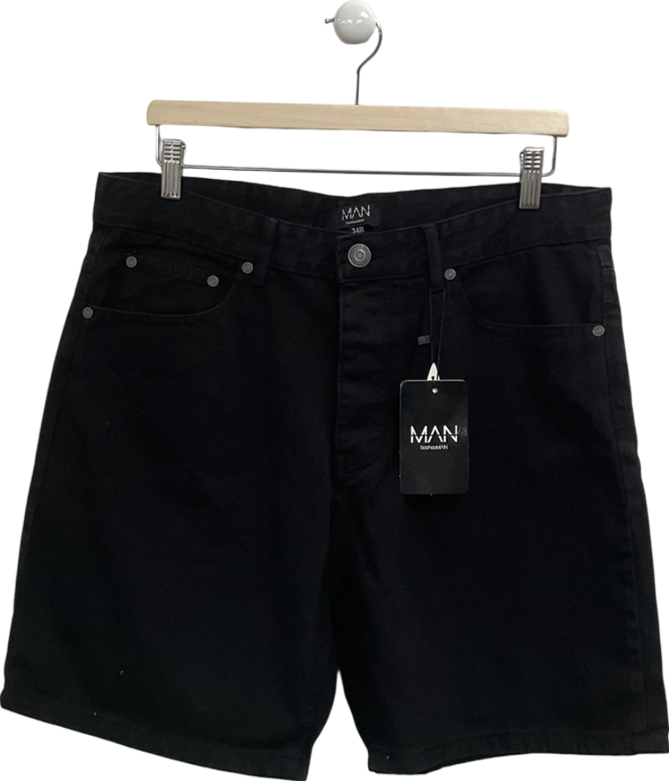 boohooMan Black Relaxed Fit Rigid Denim Shorts UK M