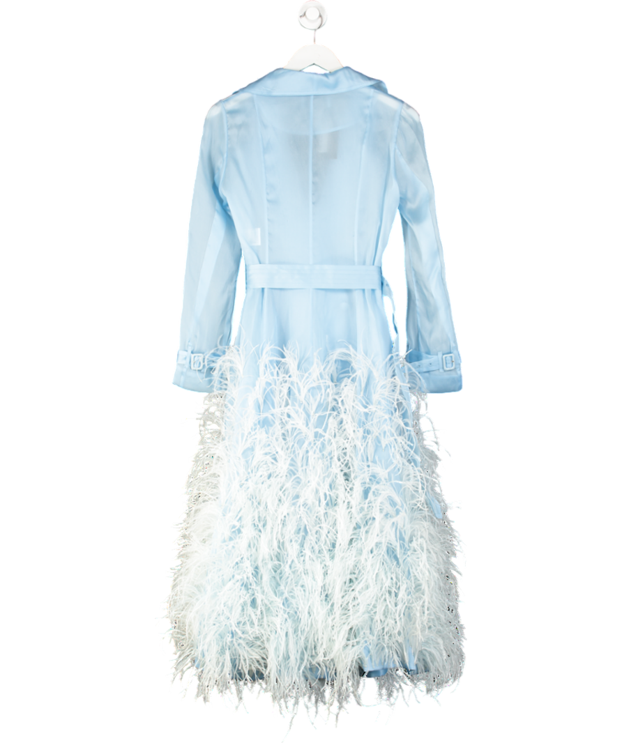 Ivan Young Blue Silk Gazar Ostrich Feathers Embellished Trench Coat UK 8