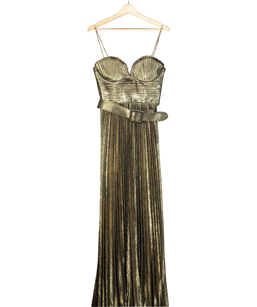 Rebecca Vallance Metallic Josie Gold Pleated Gown Maxi Dress UK 8