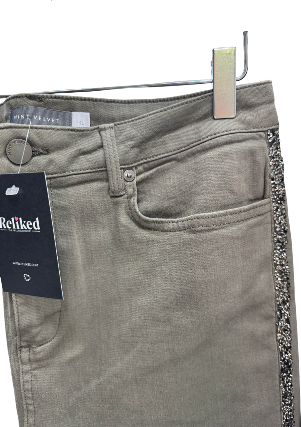 Mint Velvet Green Khaki Glitter Stripe Jeans - Long Length UK 14