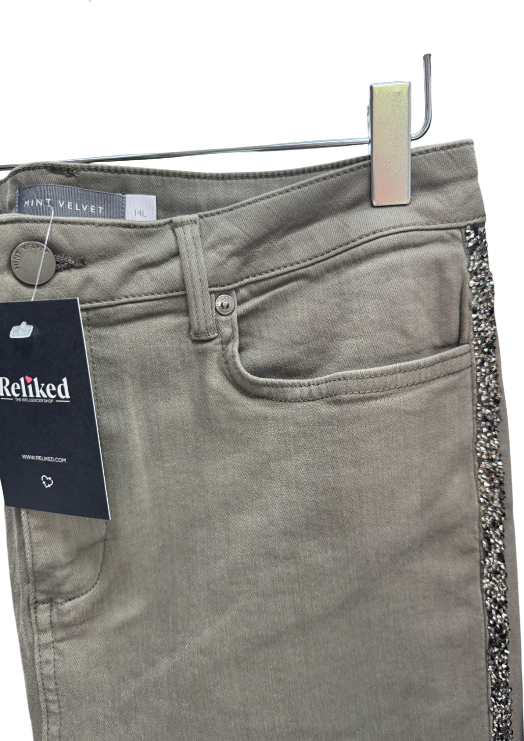 Mint Velvet Green Khaki Glitter Stripe Jeans - Long Length UK 14