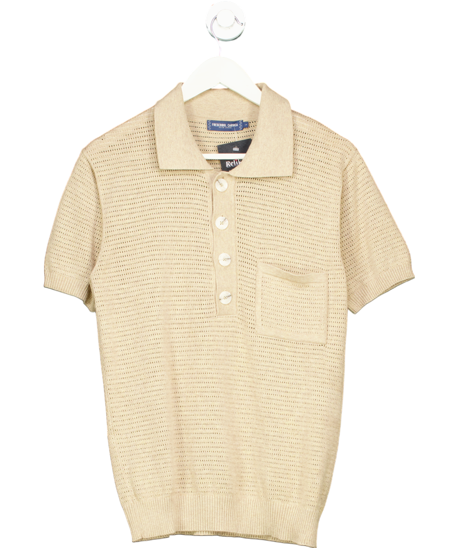 Frescobol Carioca Beige Clemente Crochet Knit Polo Shirt UK L