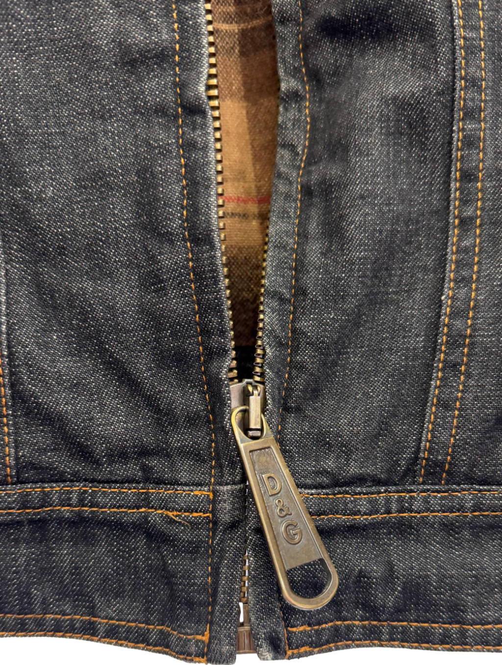 D&G DOLCE & GABBANA Blue Plaid Flannel Lined Denim Zip-up Jacket With Metal Logo Plaque UK S