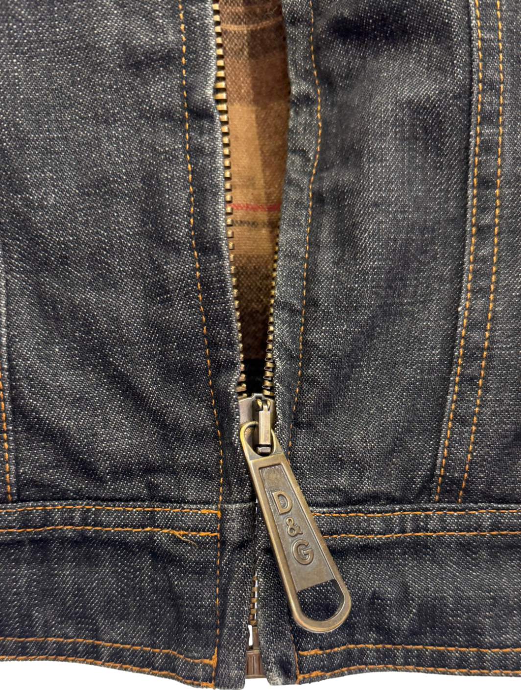 D&G DOLCE & GABBANA Blue Plaid Flannel Lined Denim Zip-up Jacket With Metal Logo Plaque UK S