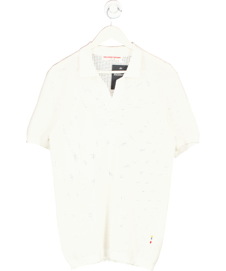 Orlebar Brown White Roddy Slim Fit Camp Collar Pointelle Knit Polo Shirt UK M
