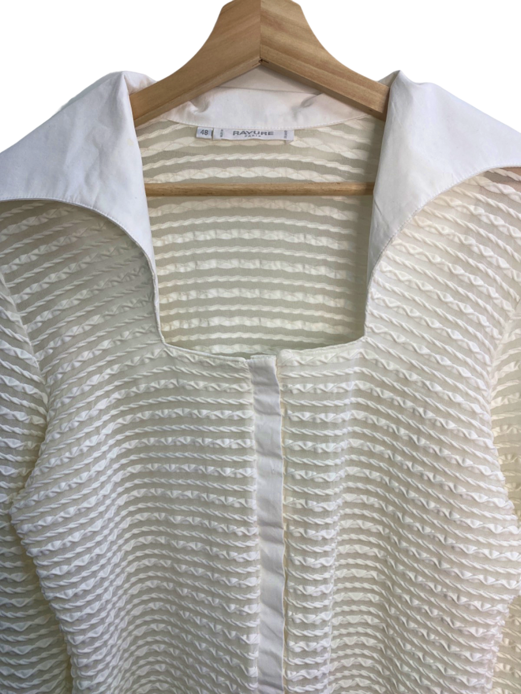 Rayure Paris Vintage White Sheer Striped dramatic collar Blouse UK L