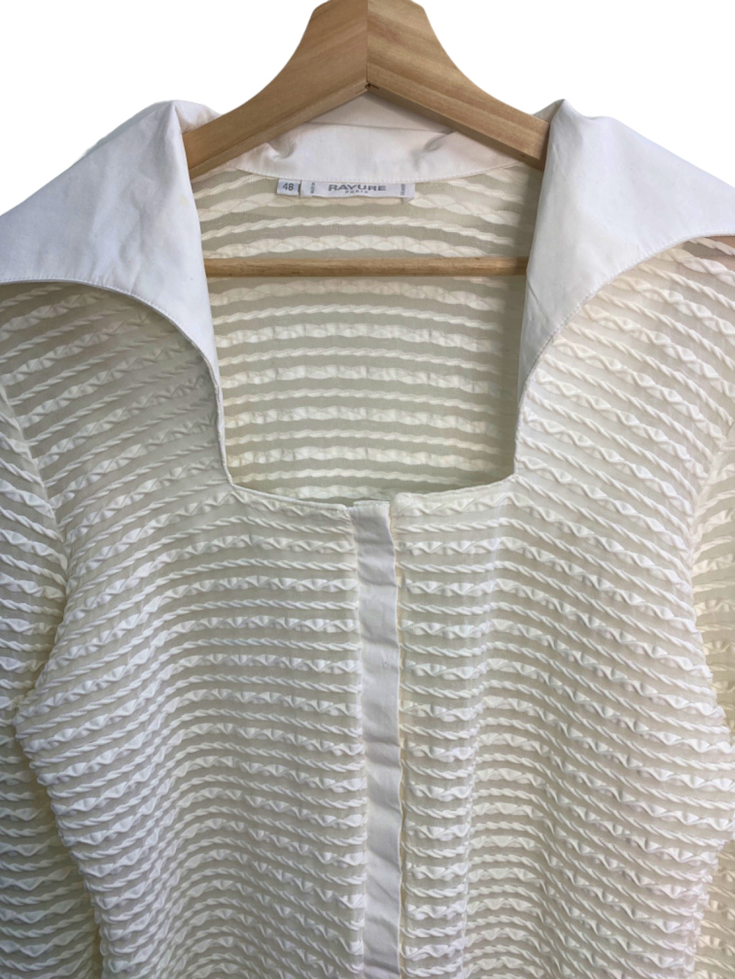 Rayure Paris Vintage White Sheer Striped dramatic collar Blouse UK L