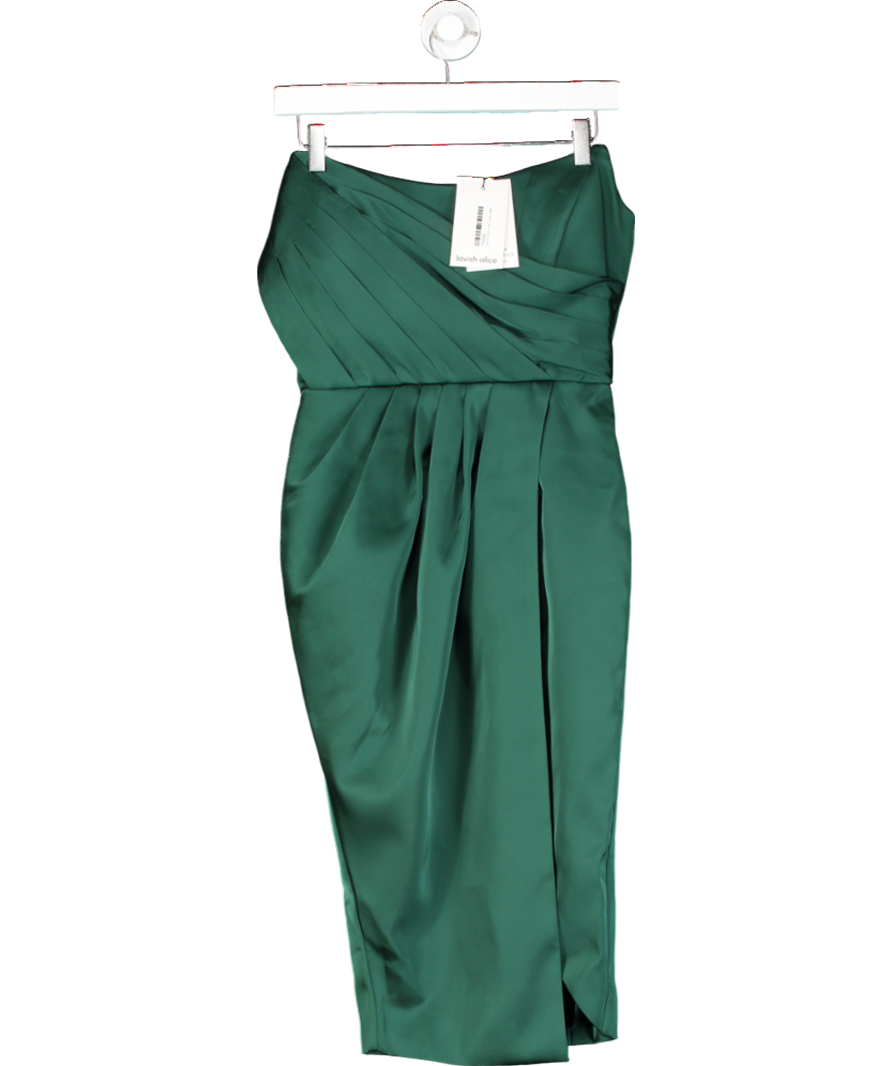 Lavish Alice Green Pleated Satin Strapless Midi Dress UK 10