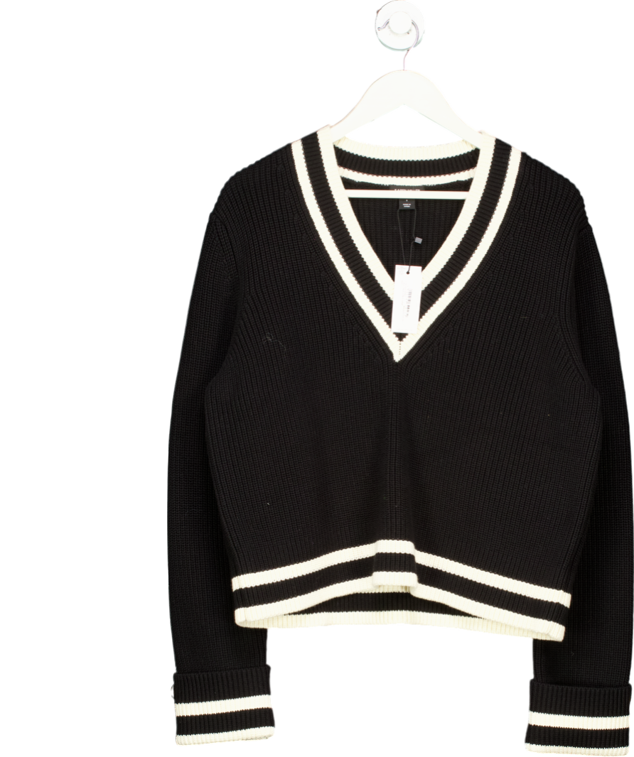 Karen Millen Black Cotton V Neck Knit Boxy Jumper UK S