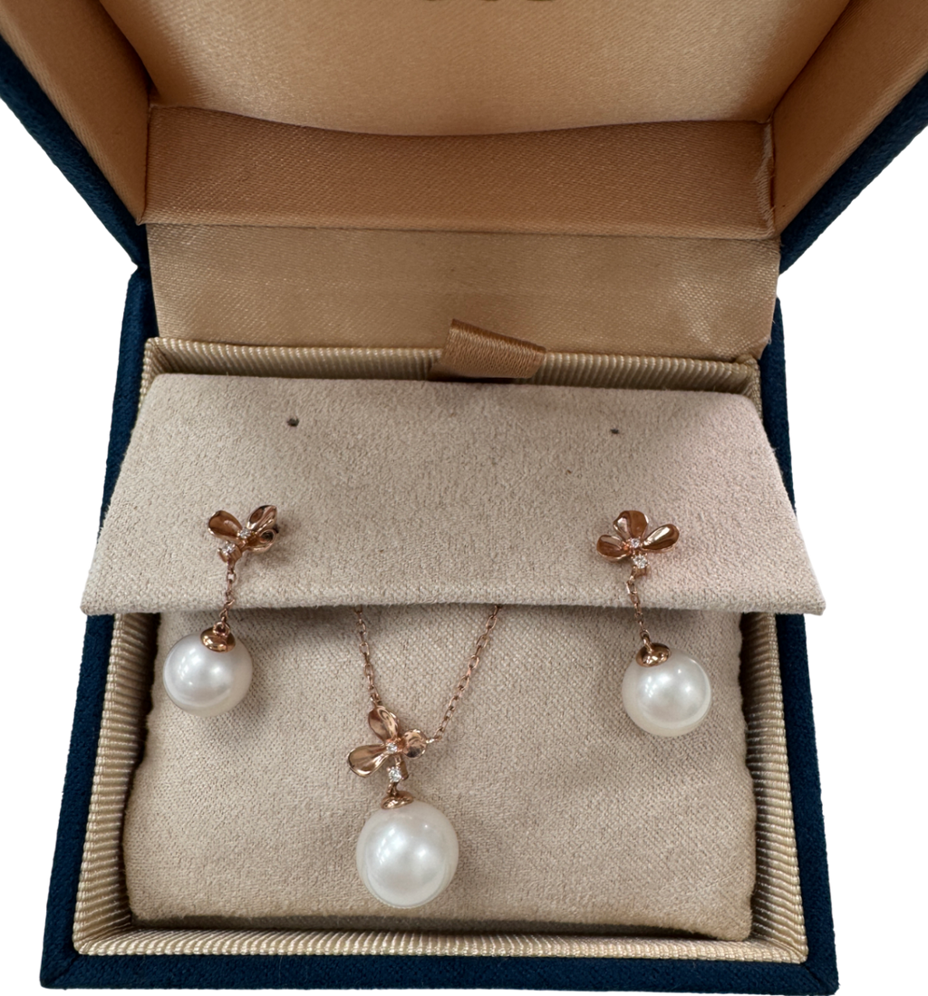 GINGIBERI 18k solid rose gold and real pearls -  Diamond Pendant Necklace And Earring Set