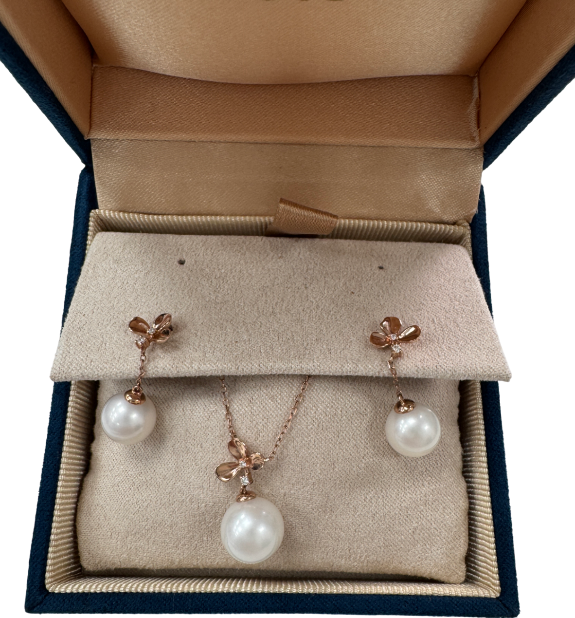 GINGIBERI 18k solid rose gold and real pearls -  Diamond Pendant Necklace And Earring Set