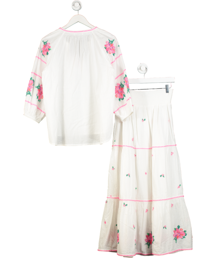 NRBY White Alba Top And Shelby Maxi Skirt Embroidered Cotton Set UK M