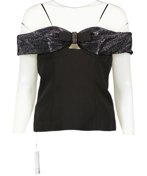 Self Portrait Black Off-the-shoulder Bow And Crystal-embellished Crepe Top UK 6