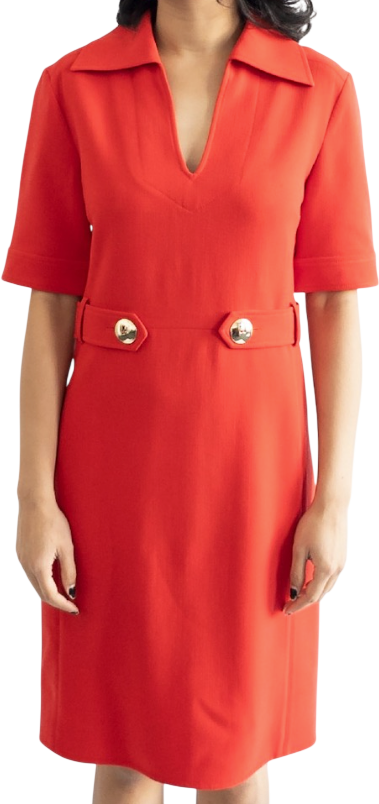 Emilio Pucci Red Wool Bend Notch Neck Shift Dress With Gold Logo Buttons UK 8