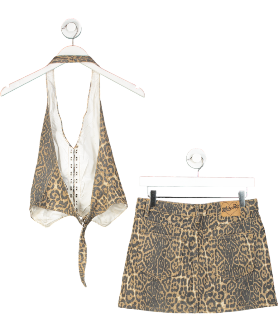 White Fox Brown 'holla At Me' Denim Leopard Print Top & Skirt Set UK XS
